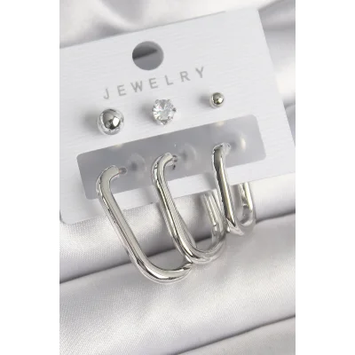 BUĞZ Pirinç Gümüş Renk Halka Model Zirkon Taşlı Topçuk Detay Kadın Küpe Seti