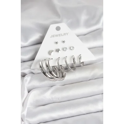 BUĞZ Pirinç Gümüş Renk Halka Modelli 6 Çift Kadın Küpe