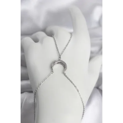 BUĞZ Pirinç Gümüş Renk Hilal Model Zirkon Taşlı Kadın Şahmeran