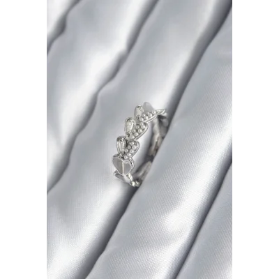 BUĞZ Pirinç Gümüş Renk Kalp Model İnci Detay Kadın Yüzük