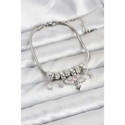 BUĞZ Pirinç Gümüş Renk Kanatlı Charmlı Kadın Bileklik