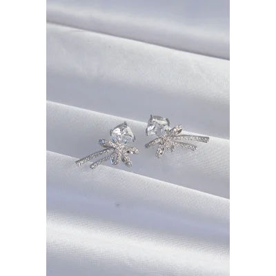 BUĞZ Pirinç Gümüş Renk Kare Zirkon Taşlı Fiyonk Küpe - Lisinya