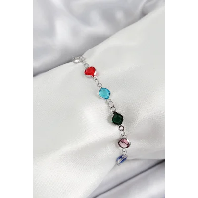 BUĞZ Pirinç Gümüş Renk Karışık Renk Zirkon Taşlı Kadın Bileklik