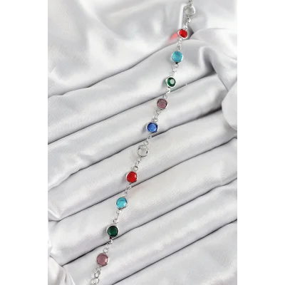 BUĞZ Pirinç Gümüş Renk Karışık Renk Zirkon Taşlı Kadın Bileklik - Lisinya