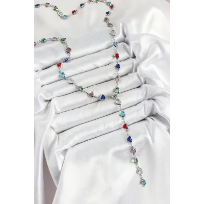 BUĞZ Pirinç Gümüş Renk Karışık Renk Zirkon Taşlı Kalpli Y Kadın Kolye