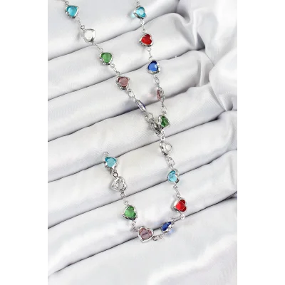 BUĞZ Pirinç Gümüş Renk Karışık Renk Zirkon Taşlı Kalpli Y Kadın Kolye - BUĞZ