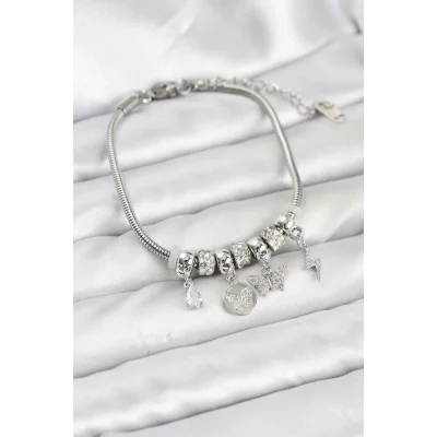 BUĞZ Pirinç Gümüş Renk Kelebek Charmlı Kadın Bileklik