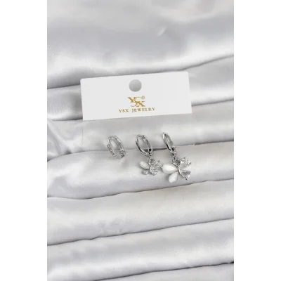 BUĞZ Pirinç Gümüş Renk Kelebek Model 3lü Kadın Küpe