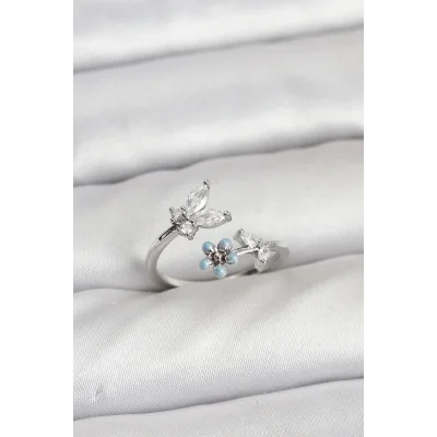 BUĞZ Pirinç Gümüş Renk Kelebek Model Kadın Yüzük