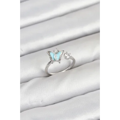 BUĞZ Pirinç Gümüş Renk Kelebek Model Kadın Yüzük