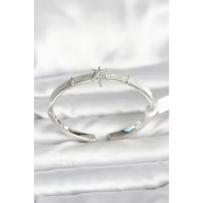 BUĞZ Pirinç Gümüş Renk Kutup Yıldızı Model Kadın Kelepçe Bileklik