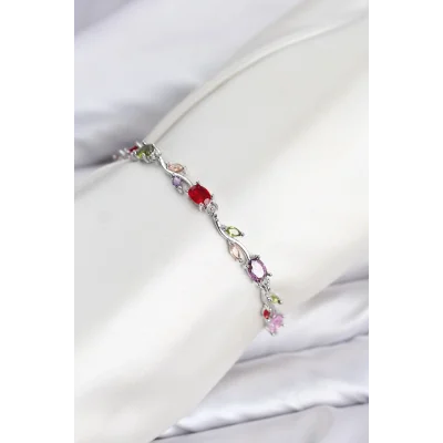 BUĞZ Pirinç Gümüş Renk Mix Renk Zirkon Taşlı Çiçek Model Kadın Bileklik - BUĞZ