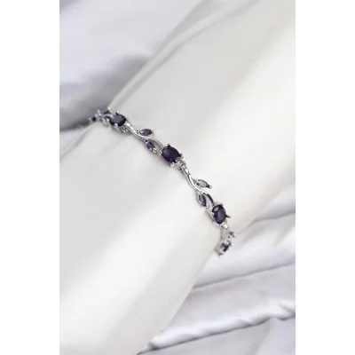 BUĞZ Pirinç Gümüş Renk Mor Zirkon Taşlı Çiçek Model Kadın Bileklik - BUĞZ