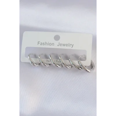 BUĞZ Pirinç Gümüş Renk Oval Küpe Seti