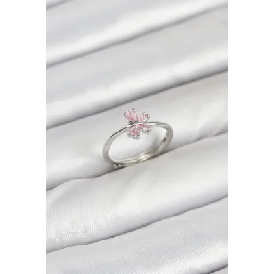 BUĞZ Pirinç Gümüş Renk Pembe Kelebek Kadın Yüzük