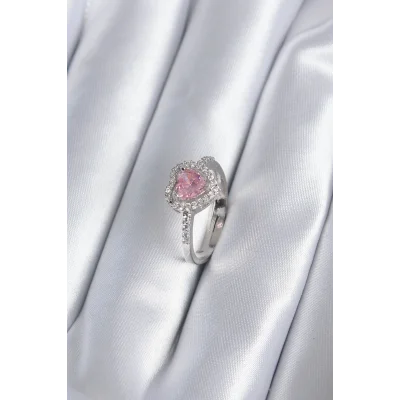 BUĞZ Pirinç Gümüş Renk Pembe Zirkon Taş Kalp Charm Model Kadın Yüzük