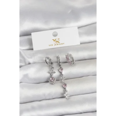 BUĞZ Pirinç Gümüş Renk Pembe Zirkon Taşlı 3lü Kadın Küpe