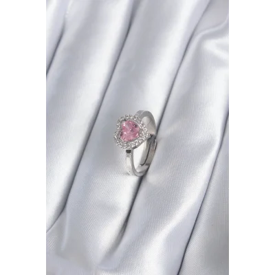 BUĞZ Pirinç Gümüş Renk Pembe Zirkon Taşlı Charm Model Kadın Yüzük