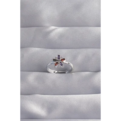 BUĞZ Pirinç Gümüş Renk Renkli Zirkon Taşlı Ayarlamalı Yüzük