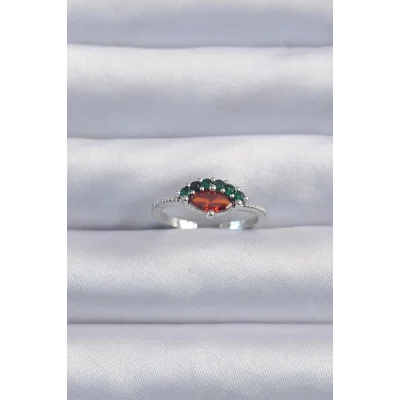 BUĞZ Pirinç Gümüş Renk Renkli Zirkon Taşlı Ayarlanabilir Karpuz Model Yüzük