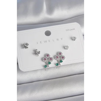 BUĞZ Pirinç Gümüş Renk Renkli Zirkon Taşlı Çiçek Model Yaprak Detay 925 Ayar Gümüş Çivi Kadın Küpe Seti