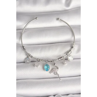 BUĞZ Pirinç Gümüş Renk Sallantı Zirkon Taşlı Filaminga Figür Charm Kadın Bileklik