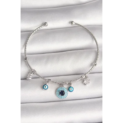 BUĞZ Pirinç Gümüş Renk Sallantı Zirkon Taşlı Nazar Boncuk Figür Charm Kadın Bileklik