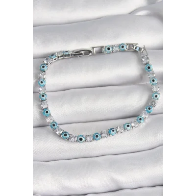 BUĞZ Pirinç Gümüş Renk Su Yolu Zirkon Taşlı Nazar Boncuklu Kadın Bileklik