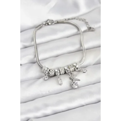 BUĞZ Pirinç Gümüş Renk Tinkerbell Charmlı Kadın Bileklik