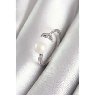 BUĞZ Pirinç Gümüş Renk Top İnci Figür Balık Kuyruğu Model Kadın Yüzük