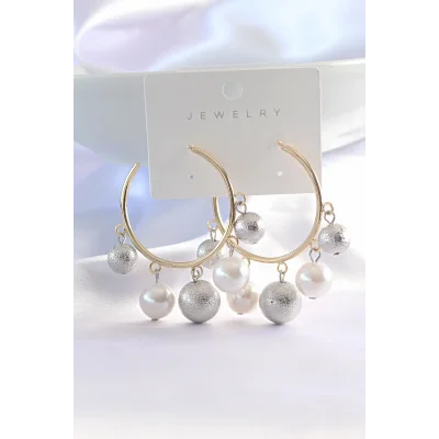 BUĞZ Pirinç Gümüş Renk Topçuk Model Gold Renk Halka Küpe