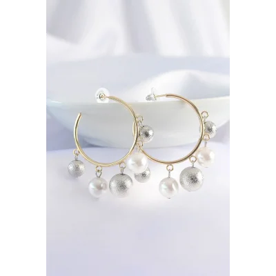 BUĞZ Pirinç Gümüş Renk Topçuk Model Gold Renk Halka Küpe - Lisinya