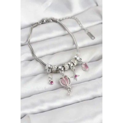 BUĞZ Pirinç Gümüş Renk Uçan Balon Charmlı Kadın Bileklik