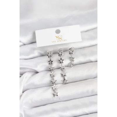 BUĞZ Pirinç Gümüş Renk Yıldız Model YSX Trio Küpe Seti