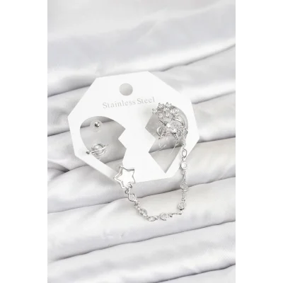 BUĞZ Pirinç Gümüş Renk Yıldız Model Zincir Bağlantılı Ear Cuff Küpe Seti