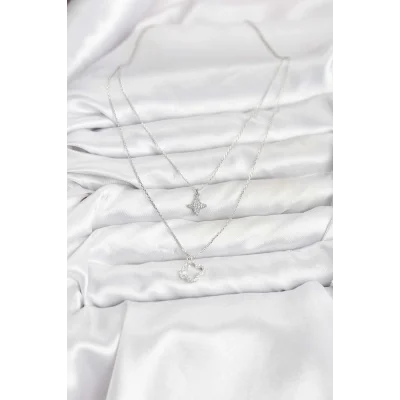 BUĞZ Pirinç Gümüş Renk Yonca Model 2li Kadın Kolye - Lisinya