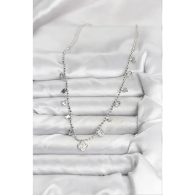 BUĞZ Pirinç Gümüş Renk Yonca Model Kadın Kolye - Lisinya