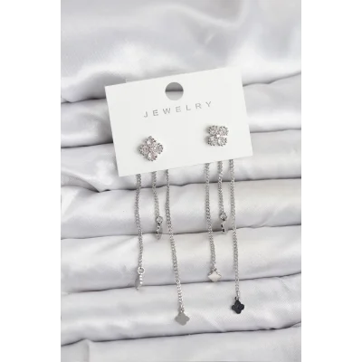 BUĞZ Pirinç Gümüş Renk Yonca Model Sallantılı Kadın Küpe