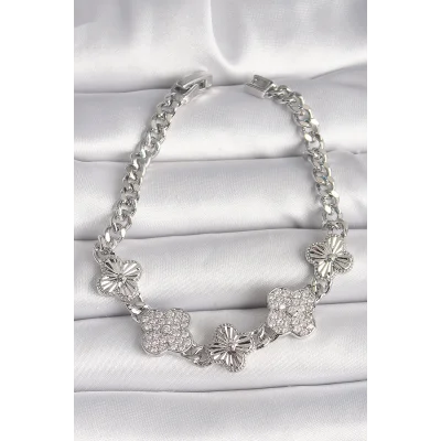 BUĞZ Pirinç Gümüş Renk Zincir Yonca Model Kadın Bileklik