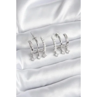 BUĞZ Pirinç Gümüş Renk Zirkon Taş Detay İncili Kadın Küpe - Lisinya