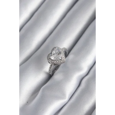 BUĞZ Pirinç Gümüş Renk Zirkon Taş Kalp Charm Model Kadın Yüzük