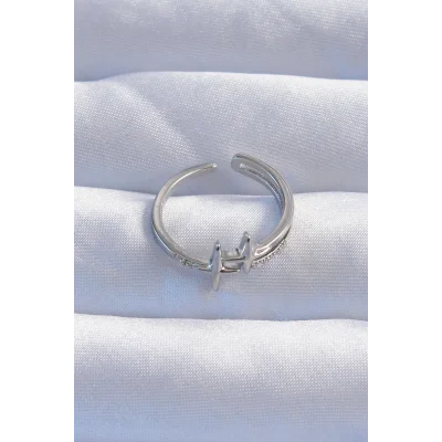 BUĞZ Pirinç Gümüş Renk Zirkon Taşlı 2li Görünüm Ayarlanabilir Yıldız Model Yüzük - Lisinya