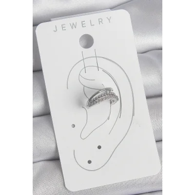 BUĞZ Pirinç Gümüş Renk Zirkon Taşlı 3Lü Sıralı Kadın Kıkırdak Küpe - Lisinya