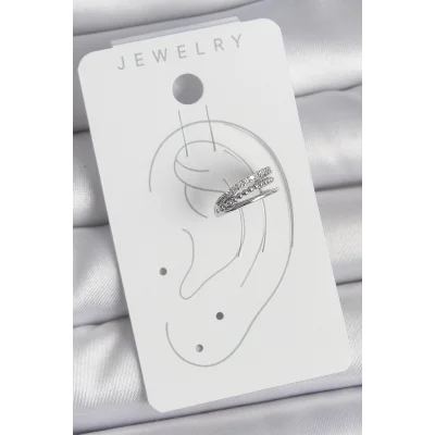 BUĞZ Pirinç Gümüş Renk Zirkon Taşlı 3Lü Sıralı Model Kadın Kıkırdak Küpe - Lisinya