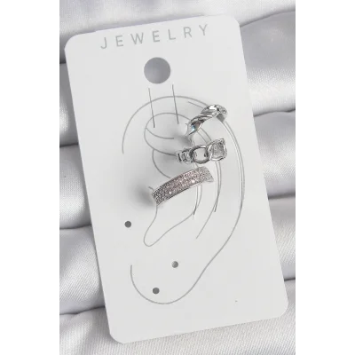 BUĞZ Pirinç Gümüş Renk Zirkon Taşlı 3Lü Zincir Sarmal Model Kadın Kıkırdak Küpe - Lisinya
