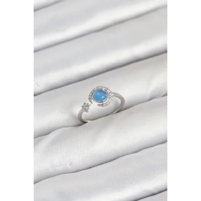 BUĞZ Pirinç Gümüş Renk Zirkon Taşlı Ay Yıldız Kadın Yüzük