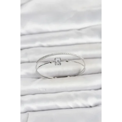 BUĞZ Pirinç Gümüş Renk Zirkon Taşlı Baget Model Kadın Bileklik