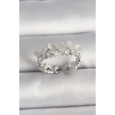 BUĞZ Pirinç Gümüş Renk Zirkon Taşlı Beyaz Mineli Kelebek Model Ayarlanabilir Yüzük