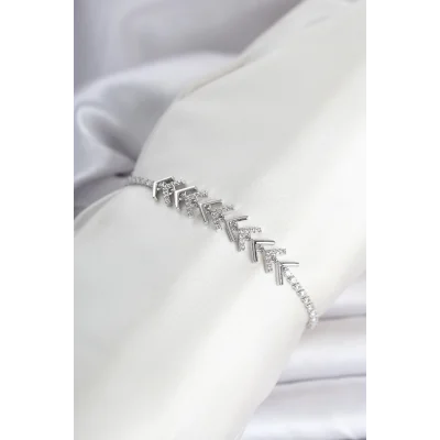 BUĞZ Pirinç Gümüş Renk Zirkon Taşlı Çavuş Model Su Yolu Kadın Bileklik