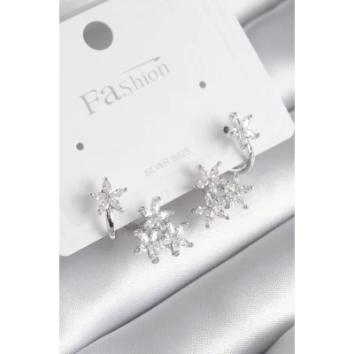 BUĞZ Pirinç Gümüş Renk Zirkon Taşlı Çiçek Tasarım Kadın Küpe